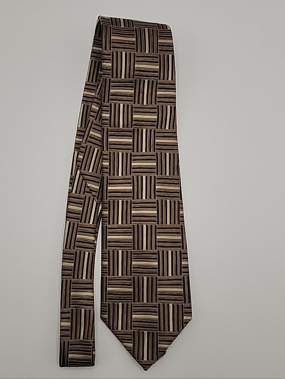 Striped Men's Tie with Brown & Tan Squares